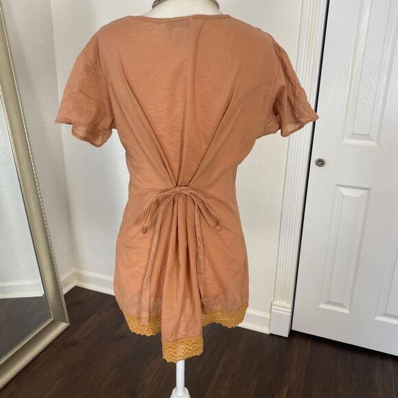 Orange Tan Vintage Boho Embroidered Babydoll Blouse Top M - Picture 6 of 8